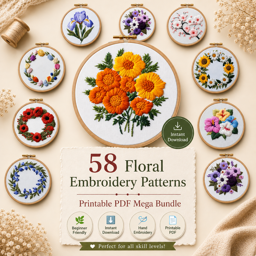 58 Floral Embroidery Patterns — Printable PDF Mega Bundle