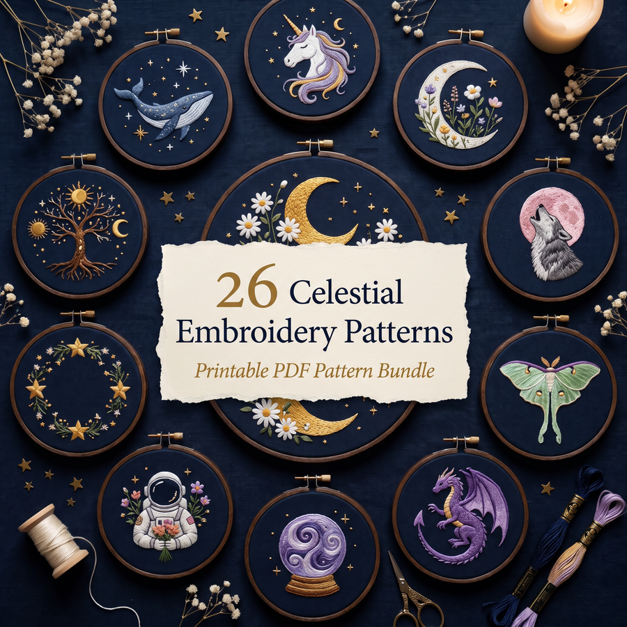 26 Celestial Embroidery Patterns — Printable PDF Bundle