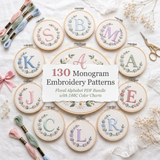 130 Monogram Embroidery Patterns — Floral Alphabet PDF Bundle