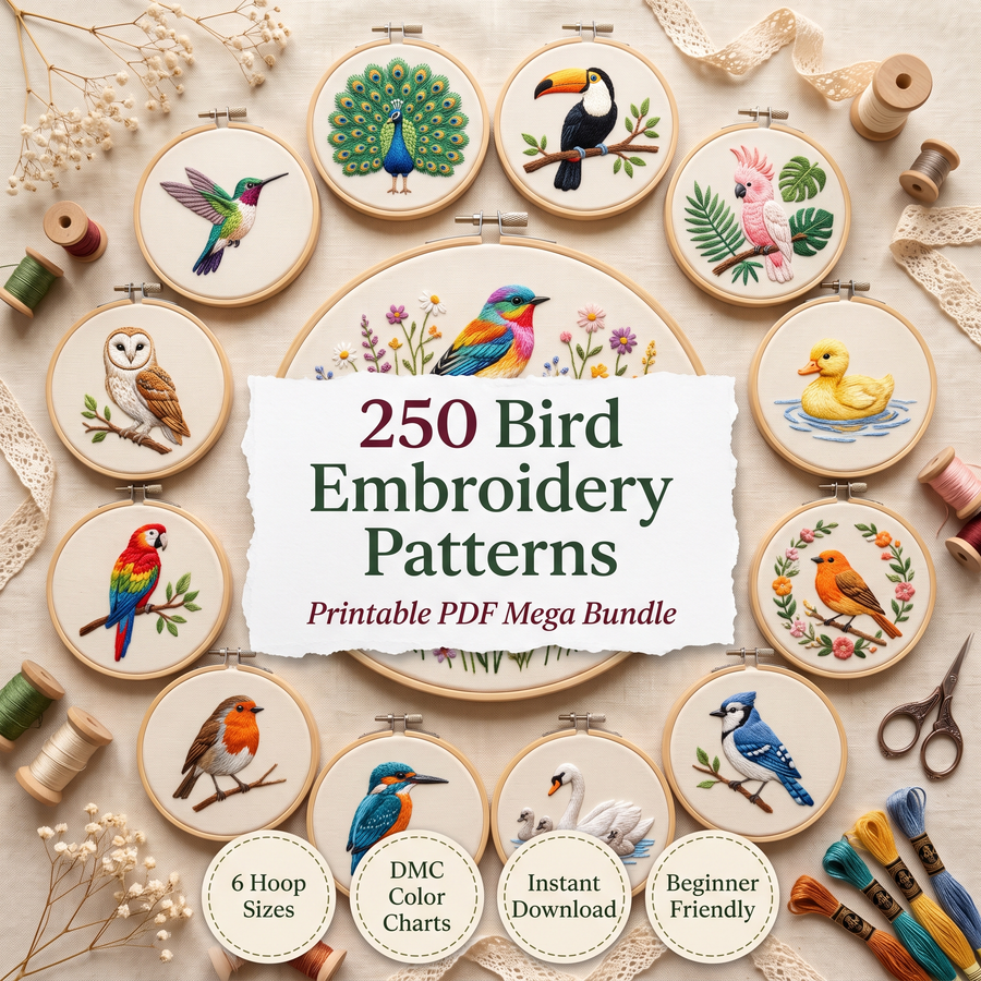 250 Bird Embroidery Patterns — PDF Bundle with DMC Charts