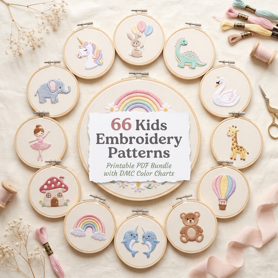 66 Kids Embroidery Patterns — Nursery PDF Bundle with DMC Charts