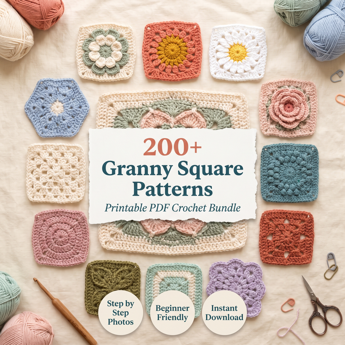 200+ Granny Square Crochet Patterns PDF Bundle – Floral & Geometric Designs, Beginner Friendly, Instant Download