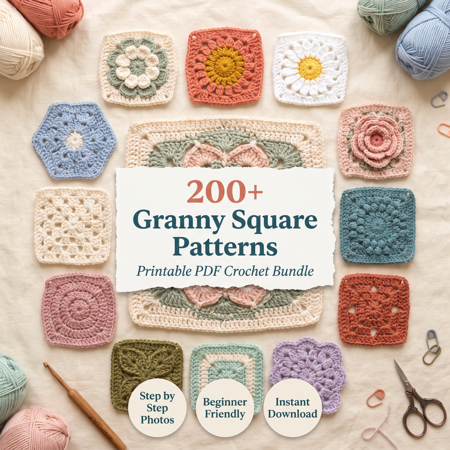 200+ Granny Square Crochet Patterns PDF Bundle – Floral & Geometric Designs, Beginner Friendly, Instant Download